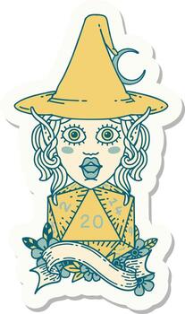 sticker of a elf mage character with natural twenty dice roll vector