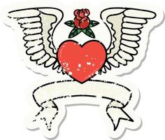 worn old sticker with banner of a heart with wings vector