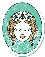iconic distressed sticker tattoo style image of a maiden with eyes closed vector