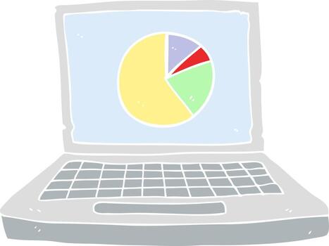 flat color illustration of laptop computer with pie chart vector