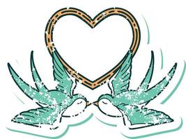 iconic distressed sticker tattoo style image of swallows and a heart vector