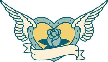 imagen icónica de estilo tatuaje de un corazón volador con flores y pancartas vector