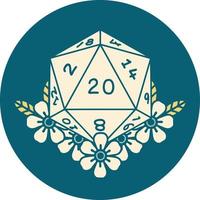 Retro Tattoo Style natural 20 D20 dice roll with floral elements vector