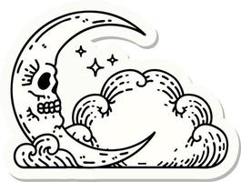 sticker of tattoo in traditional style of a skull crescent moon and clouds vector