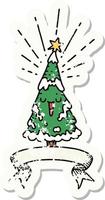 worn old sticker of a tattoo style happy christmas tree vector