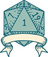 Retro Tattoo Style natural one d20 dice roll vector