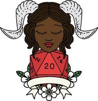 Retro Tattoo Style tiefling with natural twenty dice roll vector