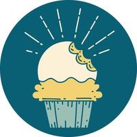 icon of a tattoo style cupcake with missing bite vector
