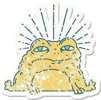 worn old sticker of a tattoo style toad character vector