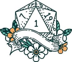 Retro Tattoo Style natural one d20 dice roll vector