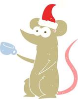 flat color illustration of mouse wearing christmas hat vector