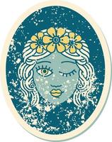 iconic distressed sticker tattoo style image of a maiden with crown of flowers winking vector