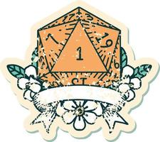 Retro Tattoo Style natural one d20 dice roll vector