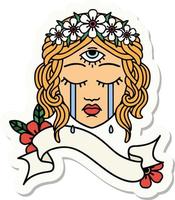 tattoo style sticker with banner of female face with mystic third eye crying vector