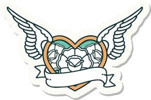 sticker of tattoo in traditional style of a flying heart with flowers and banner vector