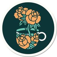 sticker of tattoo in traditional style of a cup and flowers vector