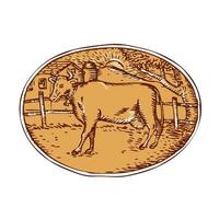 Cow Ranch Farm House Oval Woodcut vector