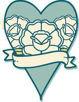 sticker of tattoo in traditional style of a heart and banner with flowers vector