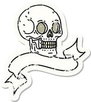 worn old sticker with banner of a skull vector