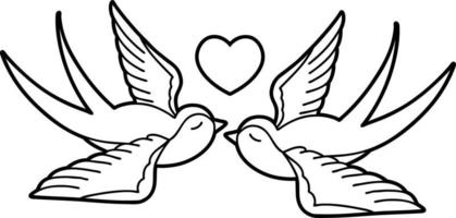 tattoo in black line style of swallows and a heart vector