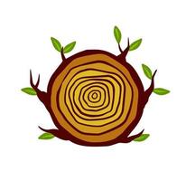 Cut tree trunk. Stump cross section. Concentric circular pattern on brown wood. Logger and Woodworking Industry Icon. Branch with leaves vector