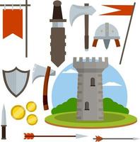 Medieval set of item. European castle with tower, shield, sword, red flag, tournament, arrow, bow, quiver, helmet of Viking. Historical subject. Cartoon flat illustration. Old armor and knight weapons vector