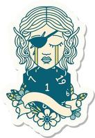 sticker of a crying elf rogue character face with natural one D20 roll vector