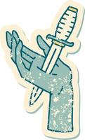 iconic distressed sticker tattoo style image of a dagger in the hand vector