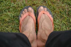 Close up and selective focus top view of man wearing black orange flip flops stepping on grass photo