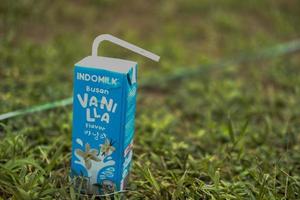 Indonesian local product, a simple milk box from Indomilk on a grass background. High angle view photo