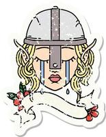 grunge sticker of a crying elf fighter character face vector