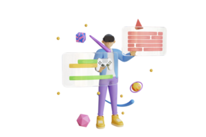 3D Virtual reality headset and controllers for gaming. Metaverse technology concept. 3D cartoon character man wearing virtual reality glasses and floating in the air playing a game. 3d render png