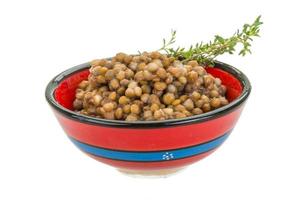 Backed lentils in a bowl on white background photo