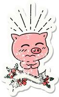 worn old sticker of a tattoo style nervous pig character vector