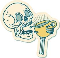 pegatina de tatuaje al estilo tradicional de una calavera bebiendo café vector