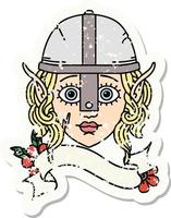 grunge sticker of a elf fighter character face vector