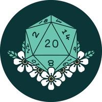 icon of natural 20 D20 dice roll with floral elements vector