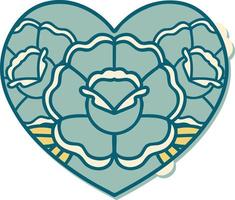 sticker of tattoo in traditional style of a heart and flowers vector