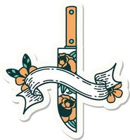 tattoo style sticker with banner of a dagger and flowers vector