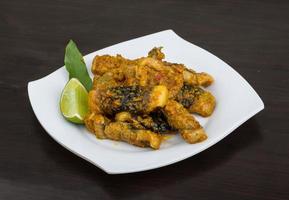 Roasted eel on the plate and wooden background photo