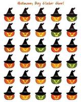 Happy Halloween stickers collection with scary and funny pumpkins faces. vector