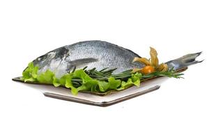 Raw dorado with herbs on the plate and white background photo