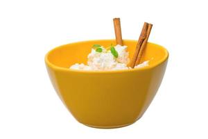 Cottage cheese in a bowl on white background photo