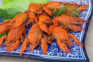 Boiled crayfish on the plate and wooden background photo