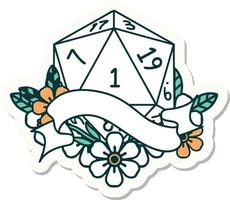 sticker of a natural one d20 dice roll vector