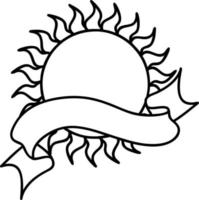 traditional black linework tattoo with banner of a sun vector