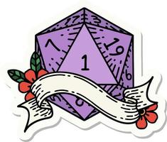 sticker of a natural one d20 dice roll vector