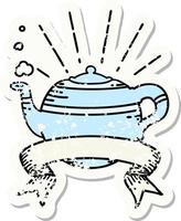 worn old sticker of a tattoo style steaming teapot vector