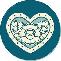 sticker of tattoo in traditional style of a heart and flowers vector