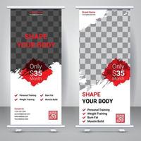 Elegant gym roll up stand banner template design. Fitness standee creative X banner template design. vector